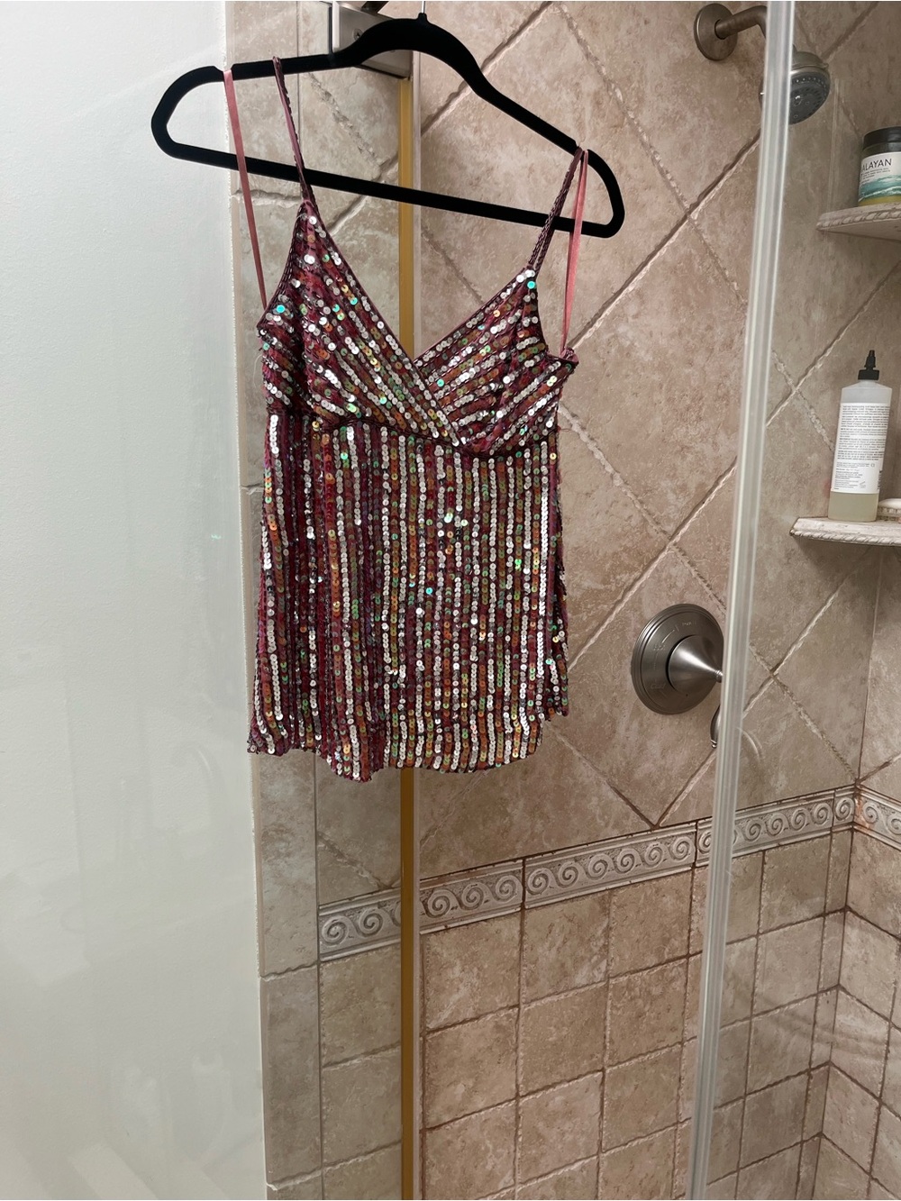 Sequin Strappy V-Neck Tank Top - Pink